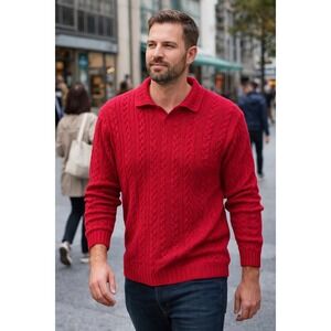 Eddie Bauer Mens Large Red Cable Knit Cotton Polo Sweater Long Sleeve Vintage